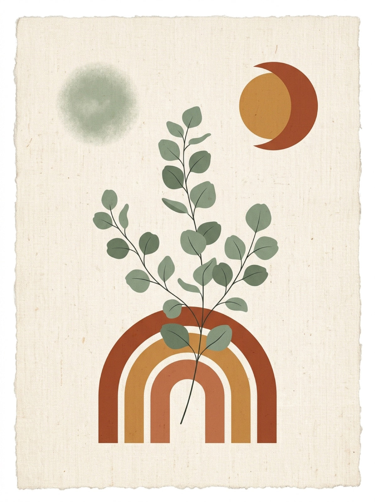 Boho Botanical Eclipse, eucalyptus and rainbow arch print (demo)