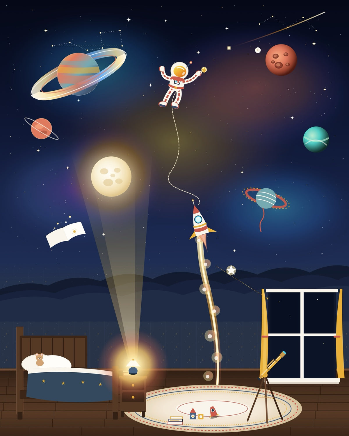 Bedroom to the Stars, space-themed kids print (demo)