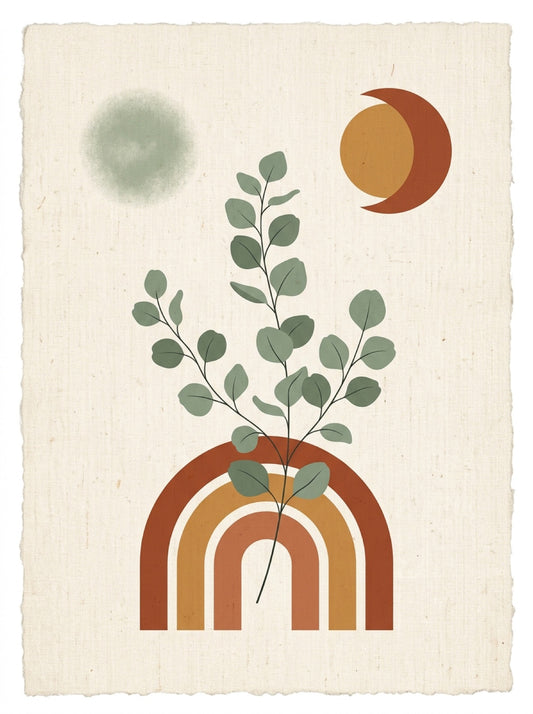 Boho Botanical Eclipse, eucalyptus and rainbow arch print (demo)